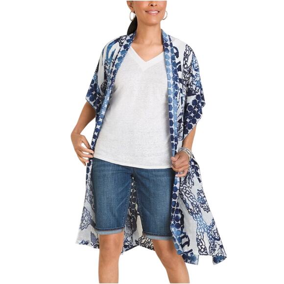 Chico’s Kimono Blue Filigree Burnout Ruana Wrap Women's Size S/M - Picture 2 of 15